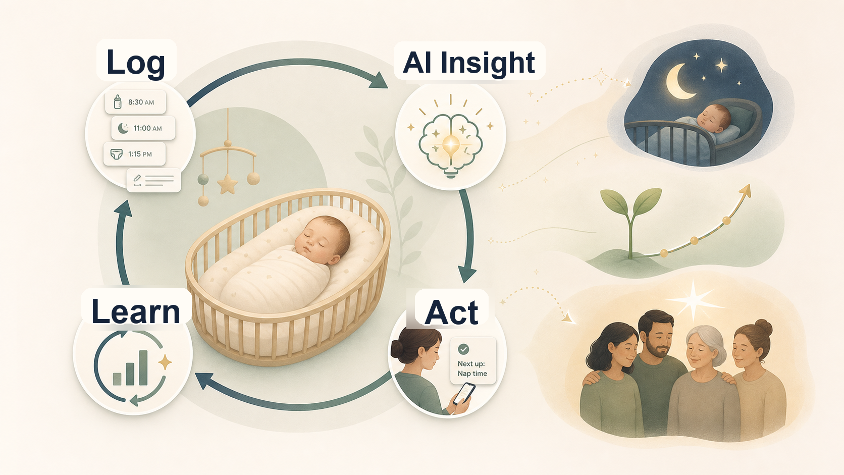 Illustration of CradleNote's shared logging and sleep-guidance workflow supporting caregiver clarity.