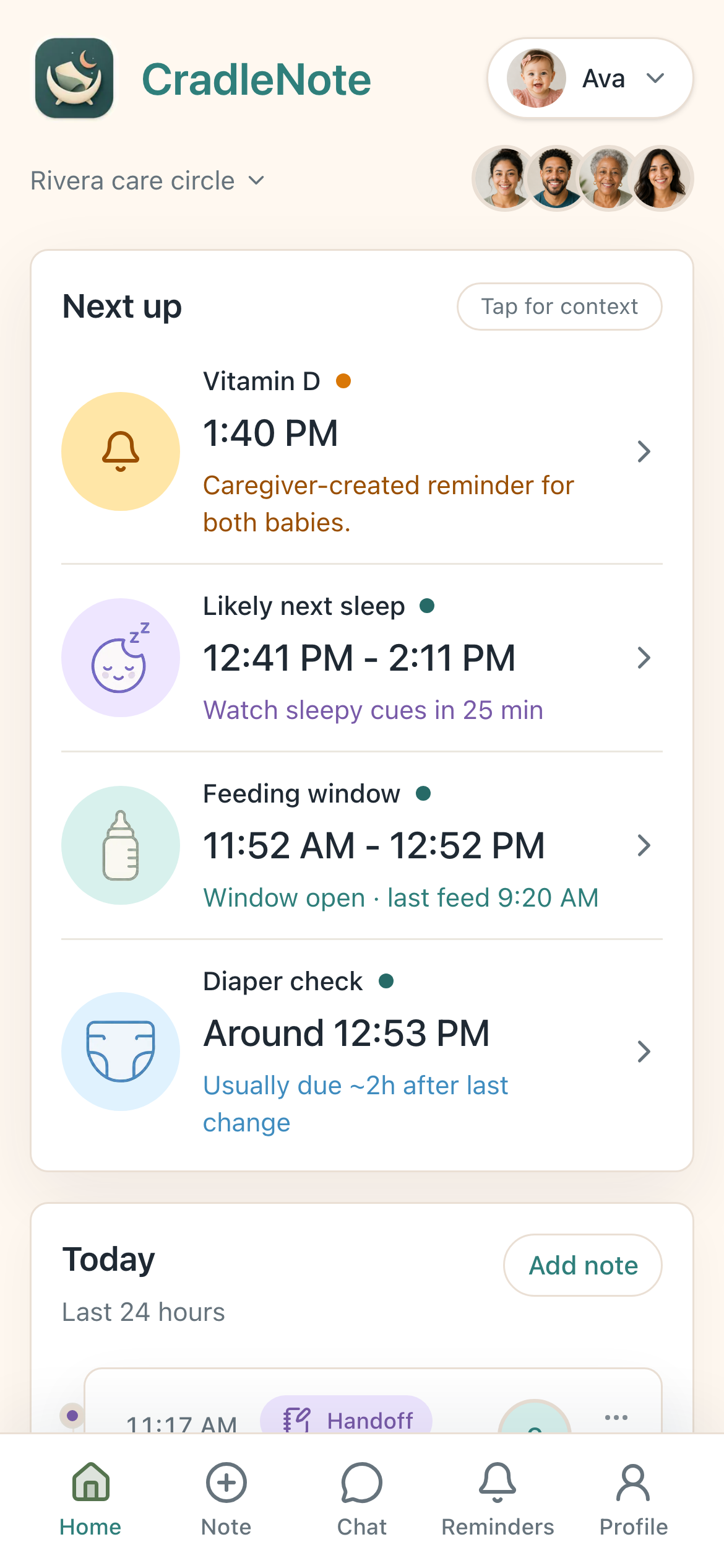 CradleNote Home tab with a sleep-rhythm card and shared care timeline for Ava and Leo.