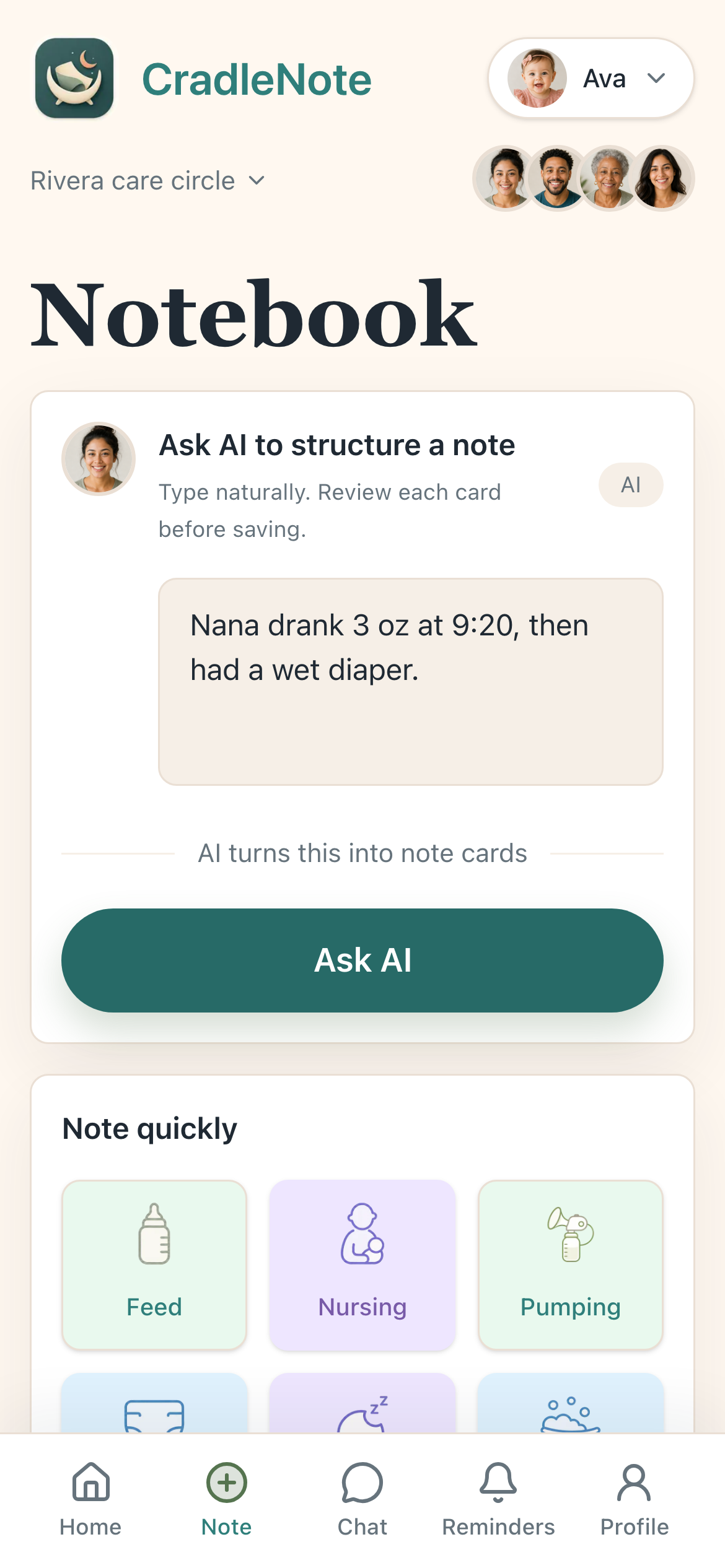 CradleNote Note tab with notebook input and quick care logging options.