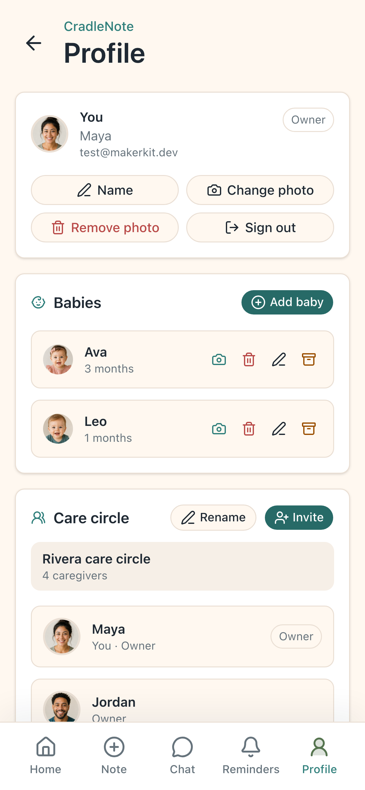 CradleNote Profile tab with babies, caregivers, and care circle settings.